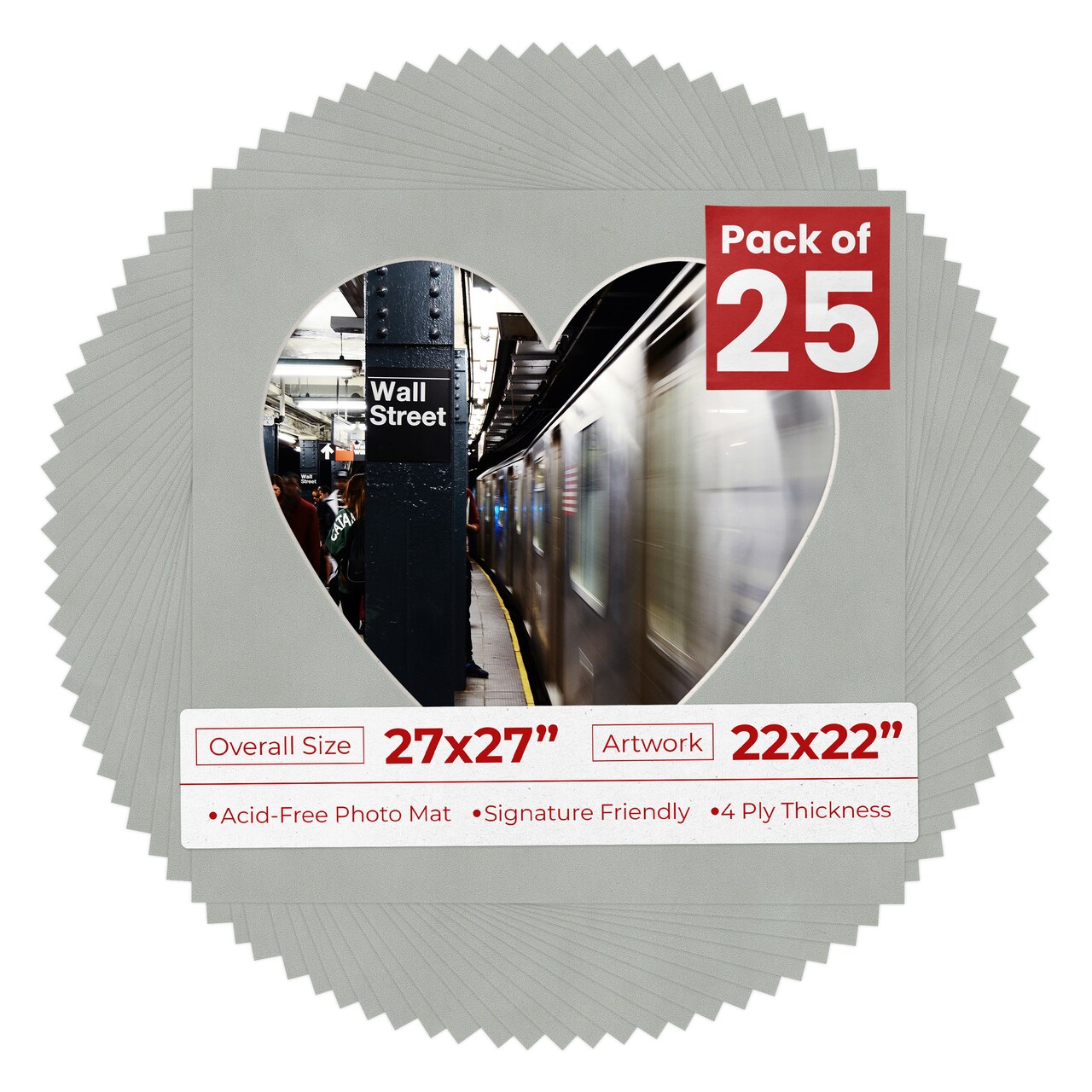 Light Grey Suede Mat Board for 27x27 Frames - Heart Opening for 22x22 Photos